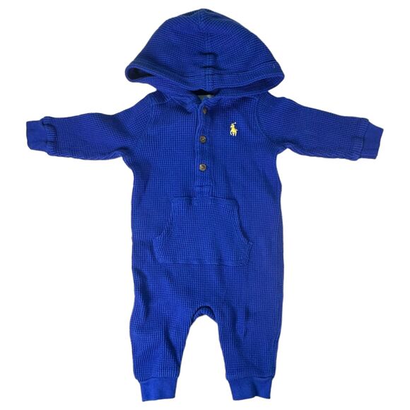 Ralph Lauren Royal Blue Waffleknit Romper One Piece Hooded Size 3 Months - Picture 1 of 5